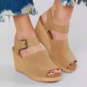 TOMS Tropez Wedge Platform Sandal 3 inch Heel in Honey Suede Leather Women's 8.5
